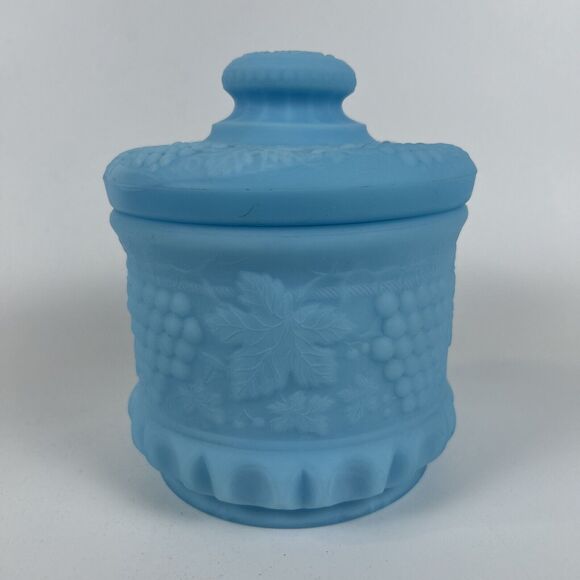 fenton tobacco jar Vintage‎ Fenton Grape & Cable Blue Slag Glass Tobacco Jar With Lid